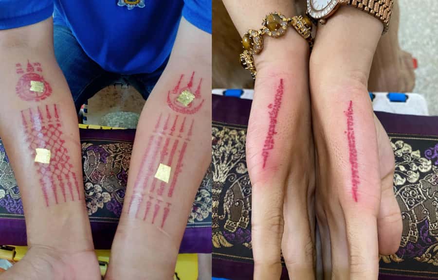 Bangkok: Hand Poked Thai Tattoo Guide at Wat Bang Phra - The Golden Face blessing after the tattoo